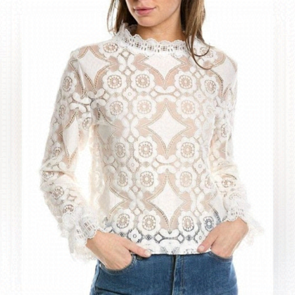 WHITE lace sheer long sleeve top with single back button
